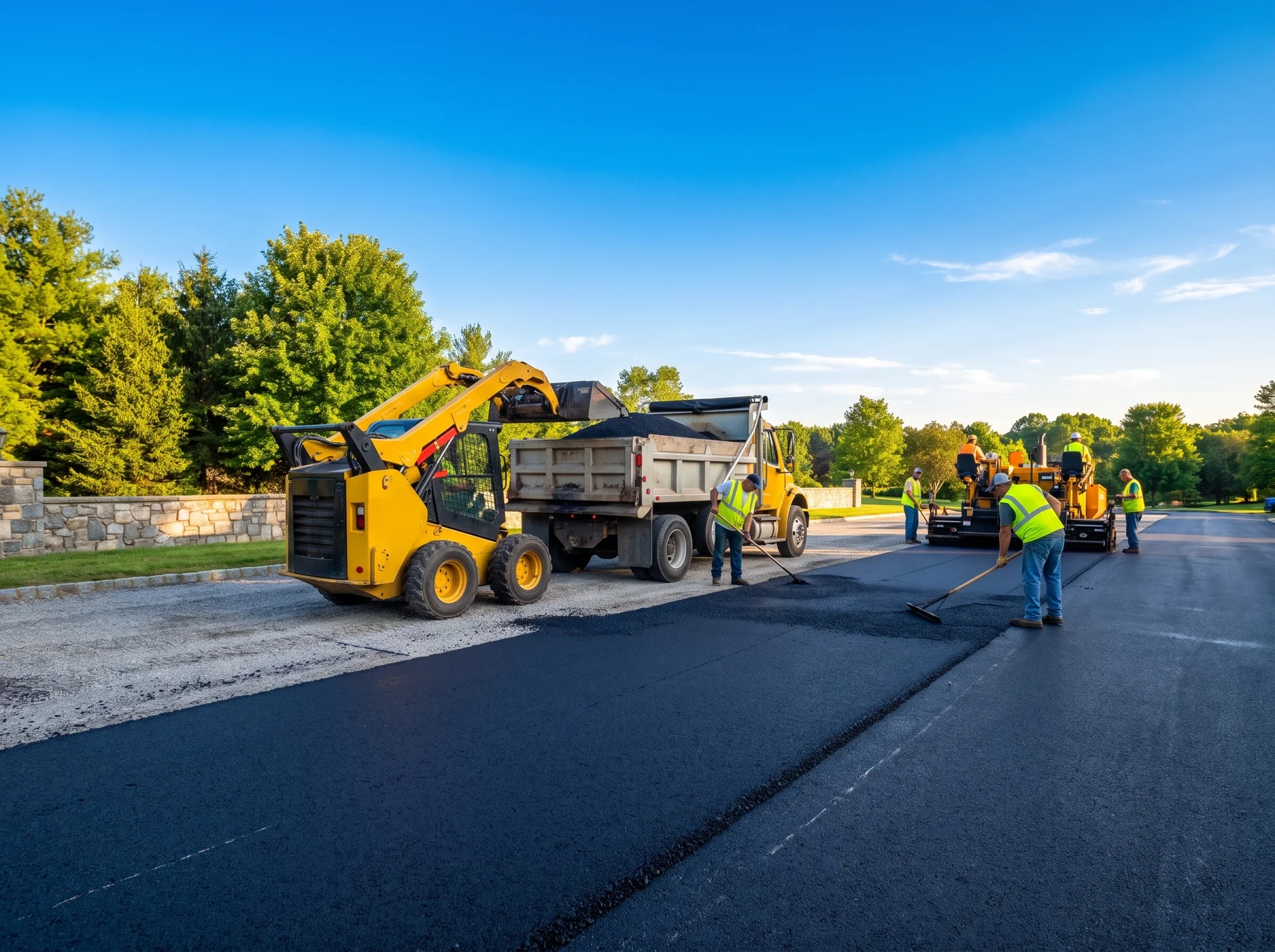 Paving crew placing asphalt with a paver and skid steer