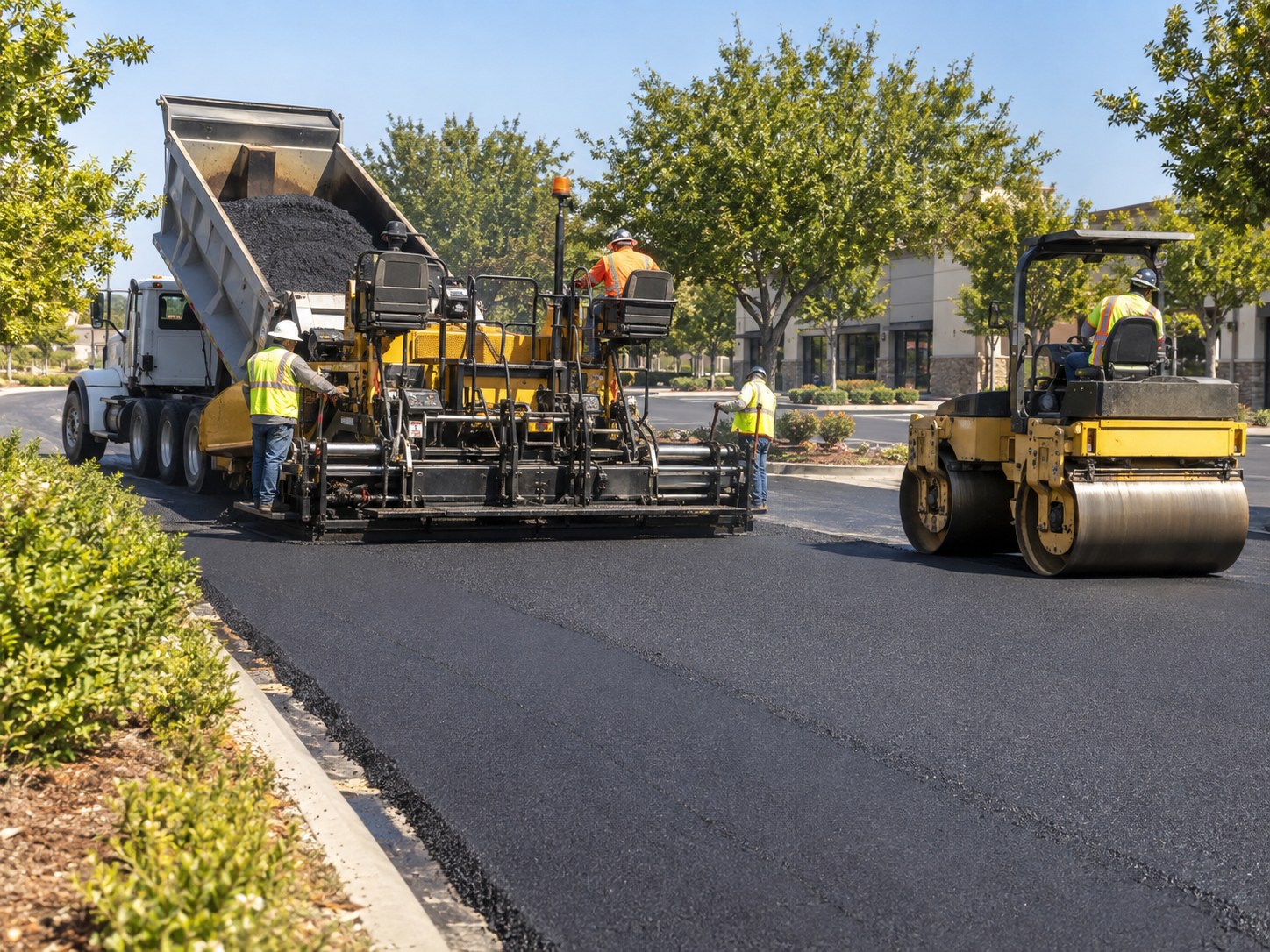 Paver and tandem roller installing new asphalt on a Sacramento-area commercial access road