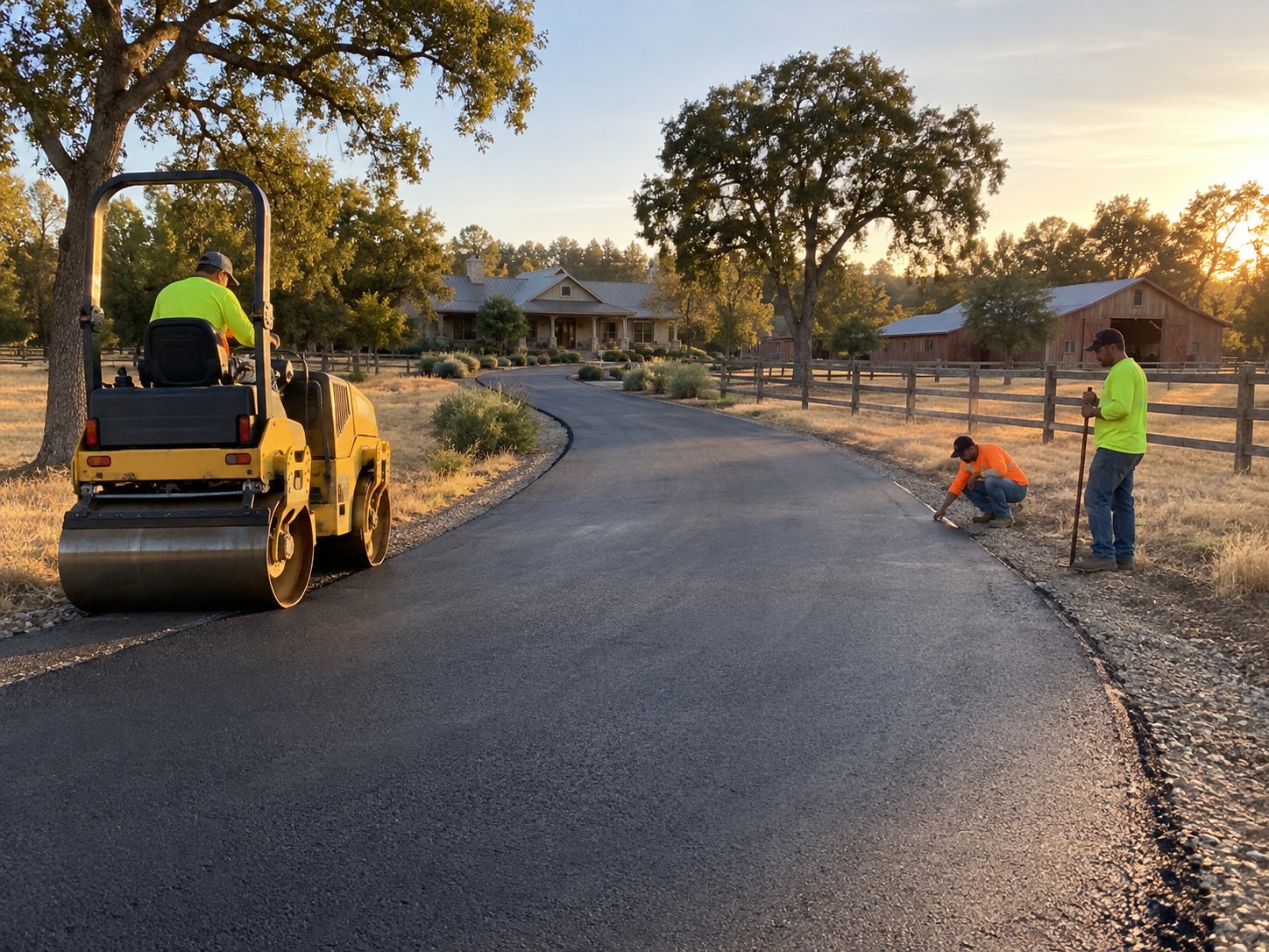 Crew finishing a newly paved asphalt driveway at a Sacramento Valley ranch property