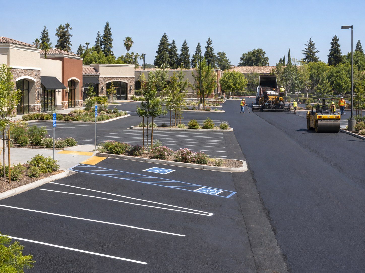 Freshly paved and striped commercial parking lot at a Sacramento-area retail property