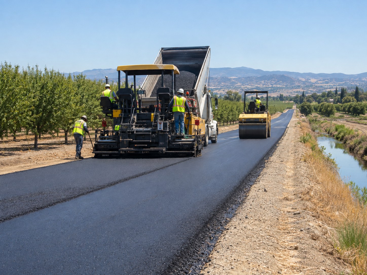 Asphalt paving crew installing a rural access road through Sacramento Valley farmland