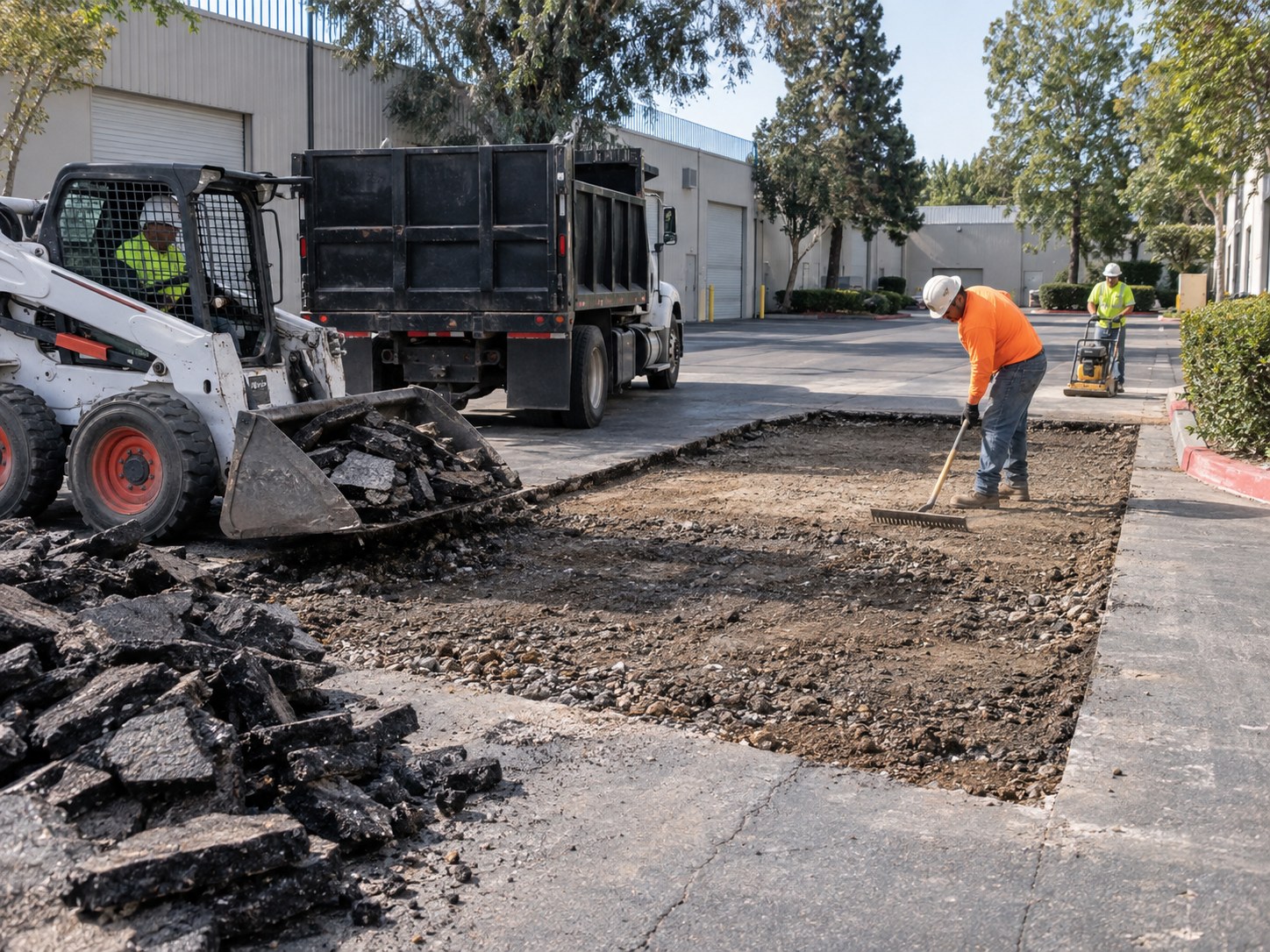 Crew removing failed asphalt to rebuild the base at a Sacramento-area industrial property