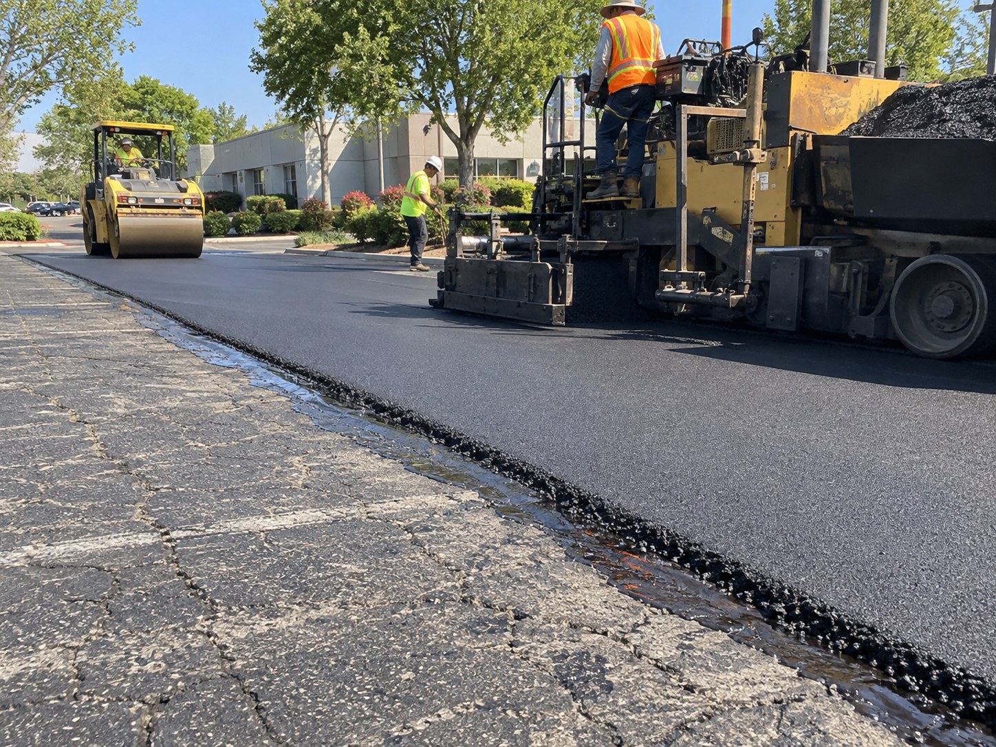 Paver placing a new asphalt overlay above existing pavement at a Sacramento commercial site