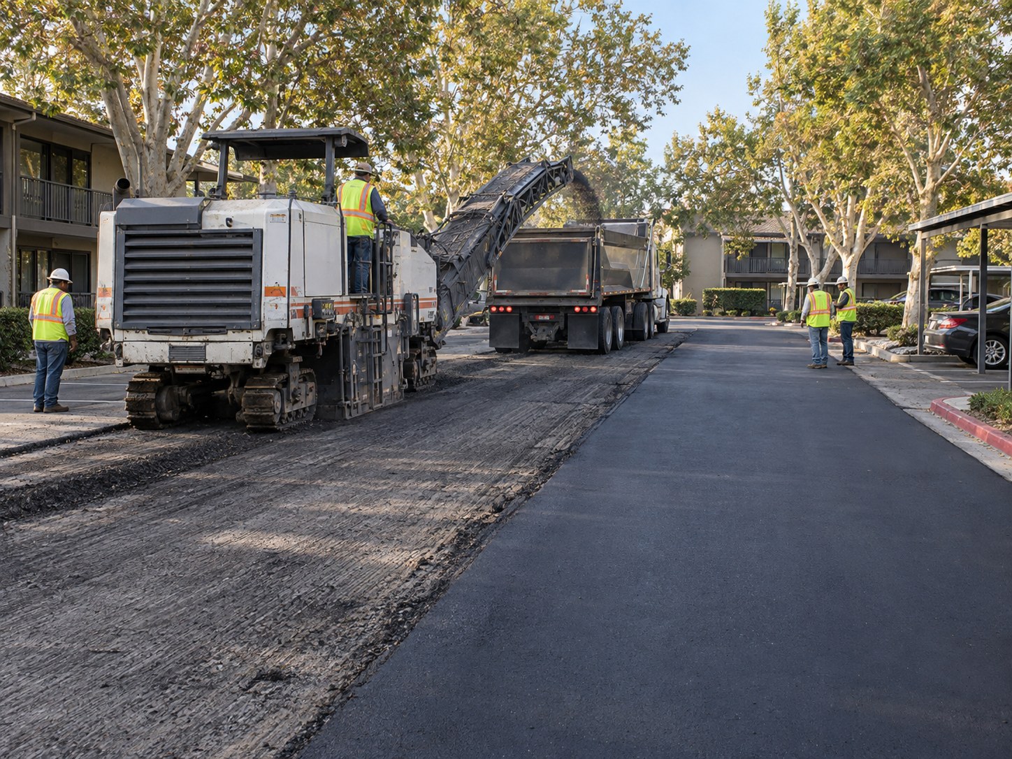 Milling machine removing a worn asphalt surface before resurfacing in Sacramento