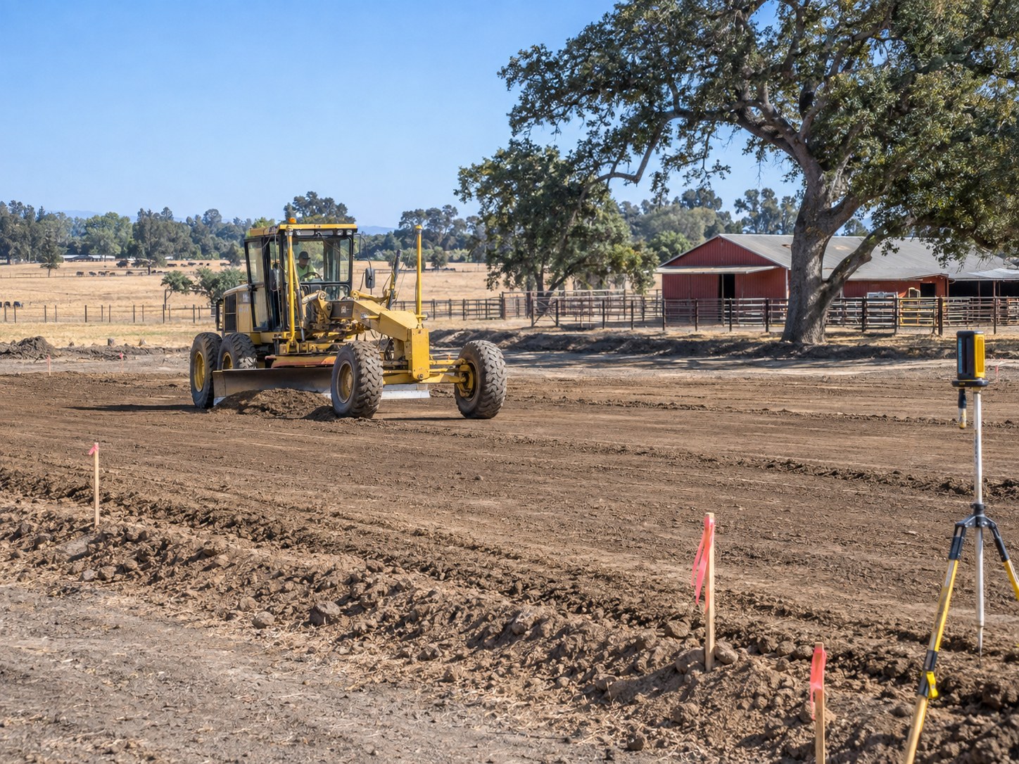 Motor grader shaping a future paved area on a Sacramento Valley ranch
