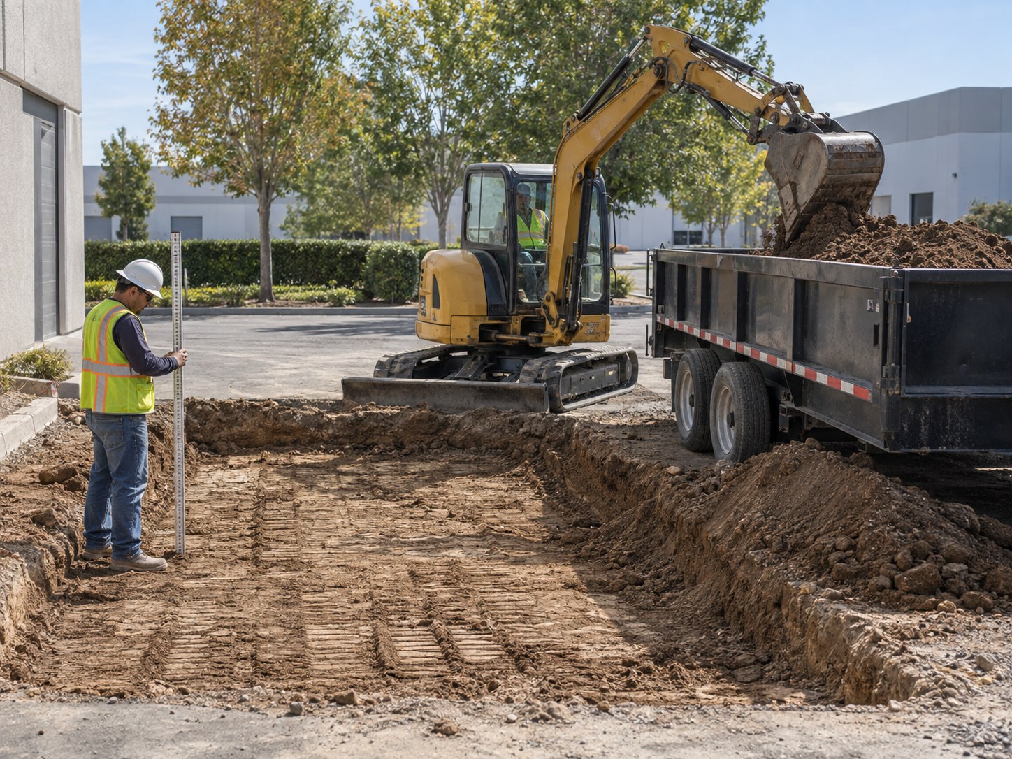 Excavator removing unsuitable soil for a future paved entrance in Sacramento