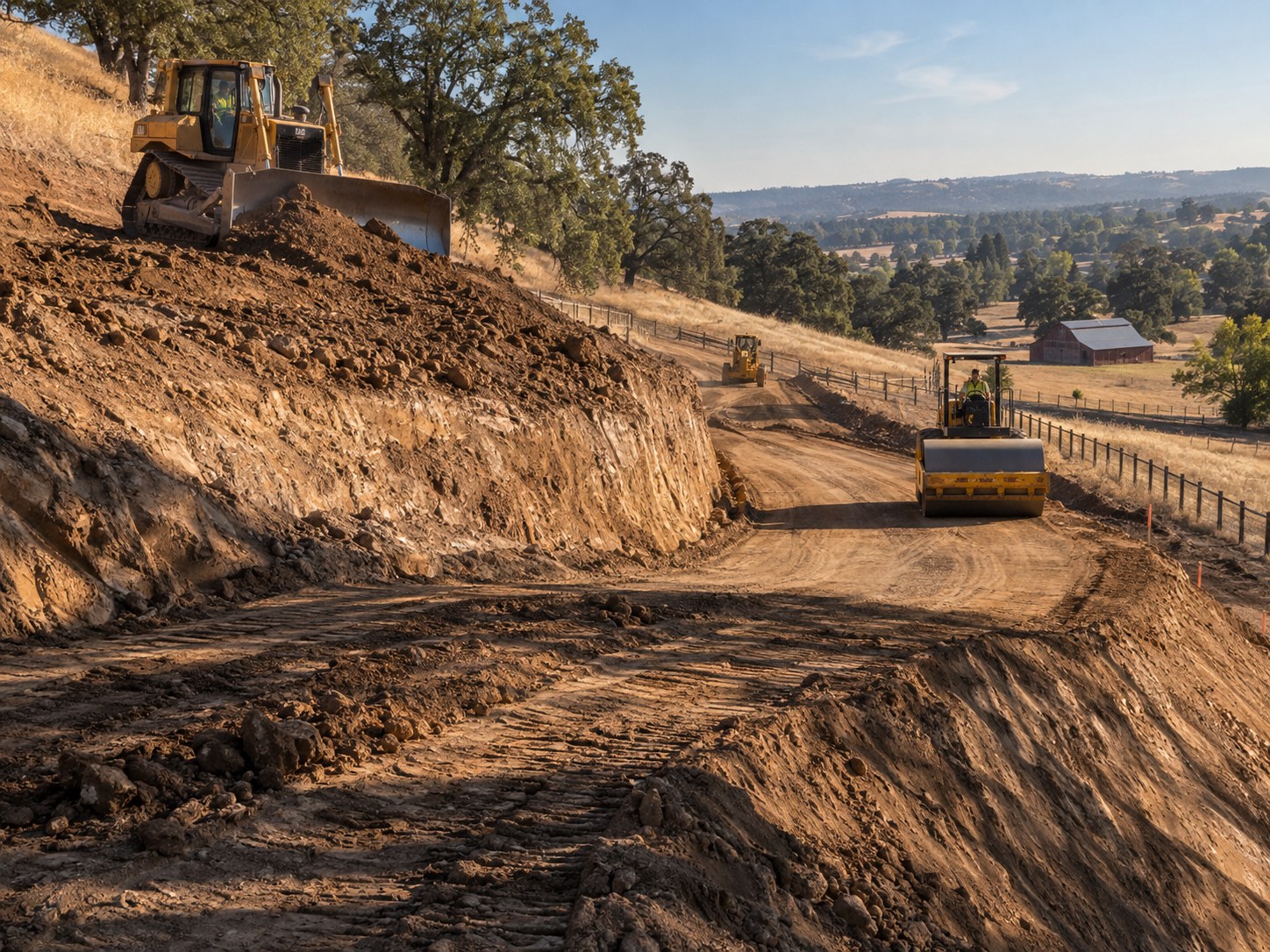 Dozer cutting a slope and roller compacting fill for a Sacramento foothill ranch road