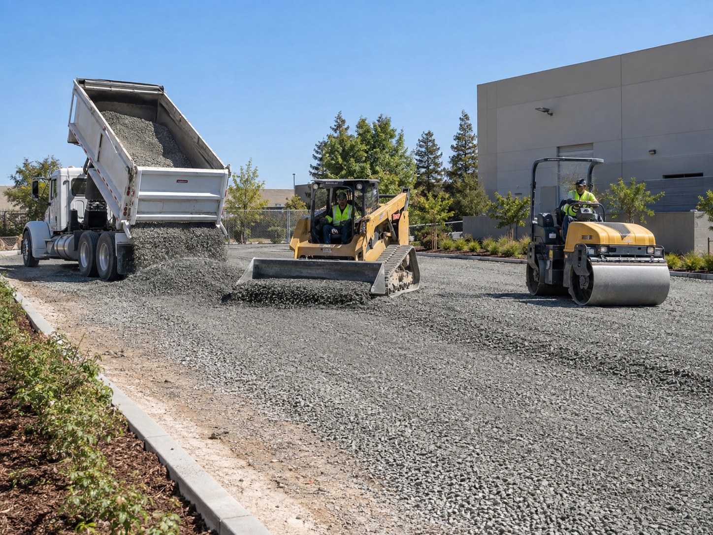 Dump truck, skid steer, and roller installing aggregate base rock before paving