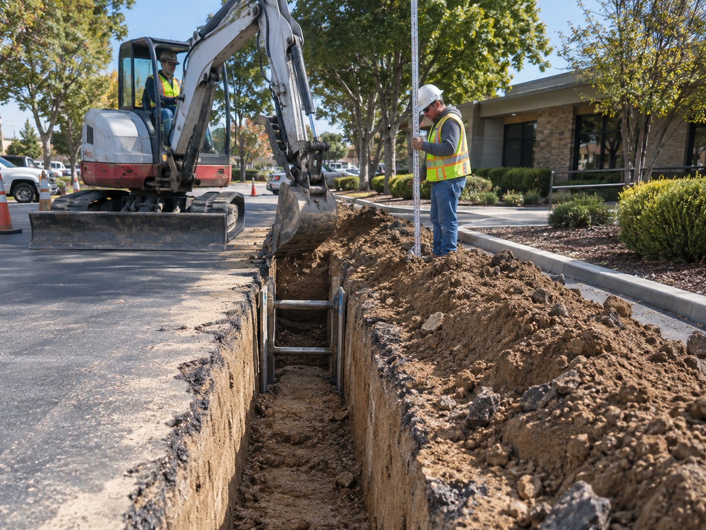 Compact excavator opening a controlled utility trench at a Sacramento commercial property