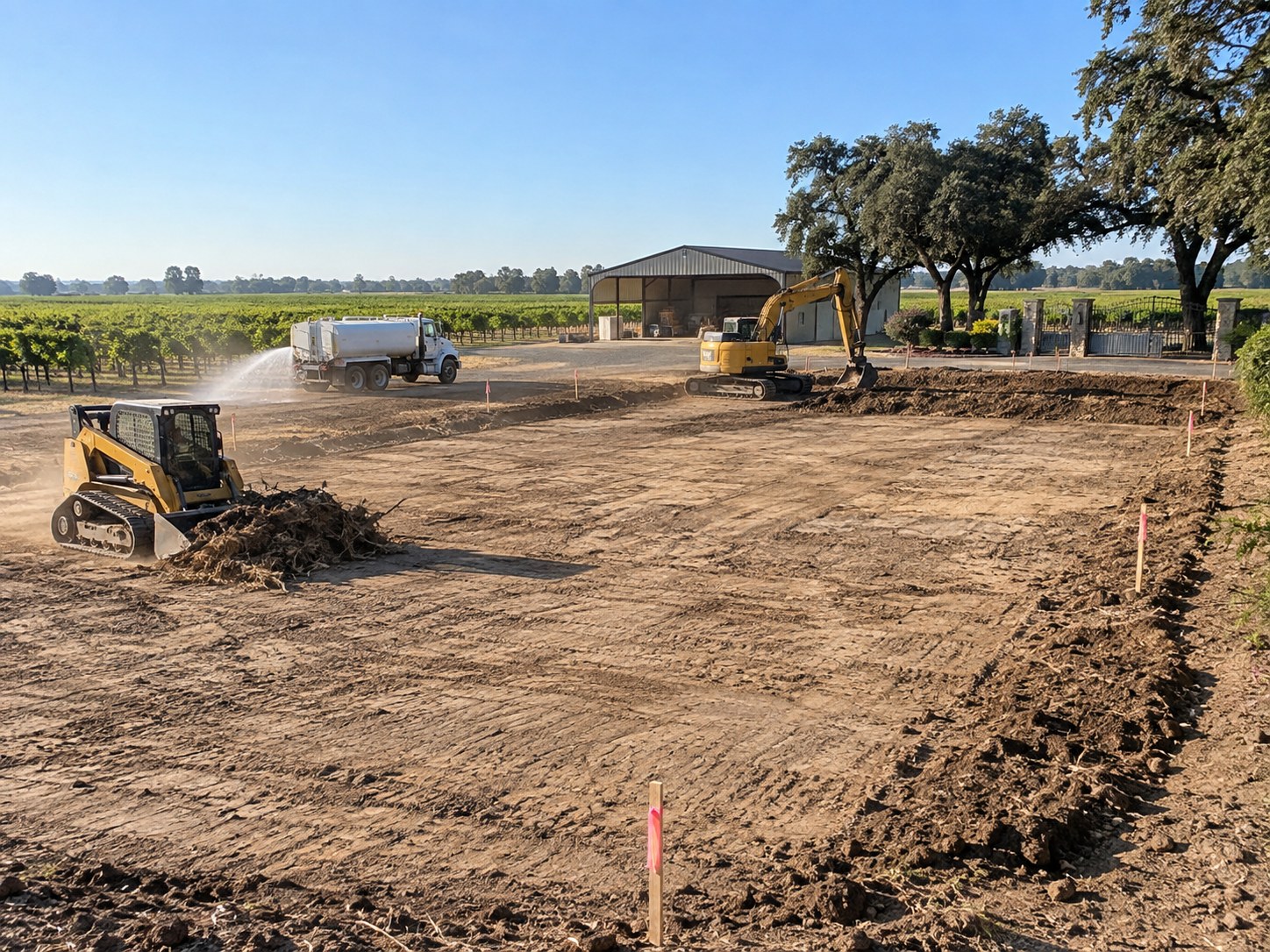 Crew clearing and shaping a future paved area at a Sacramento Valley agricultural property