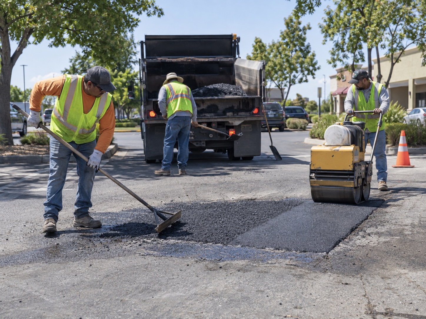 Asphalt crew repairing and compacting a localized pavement patch in the Sacramento area