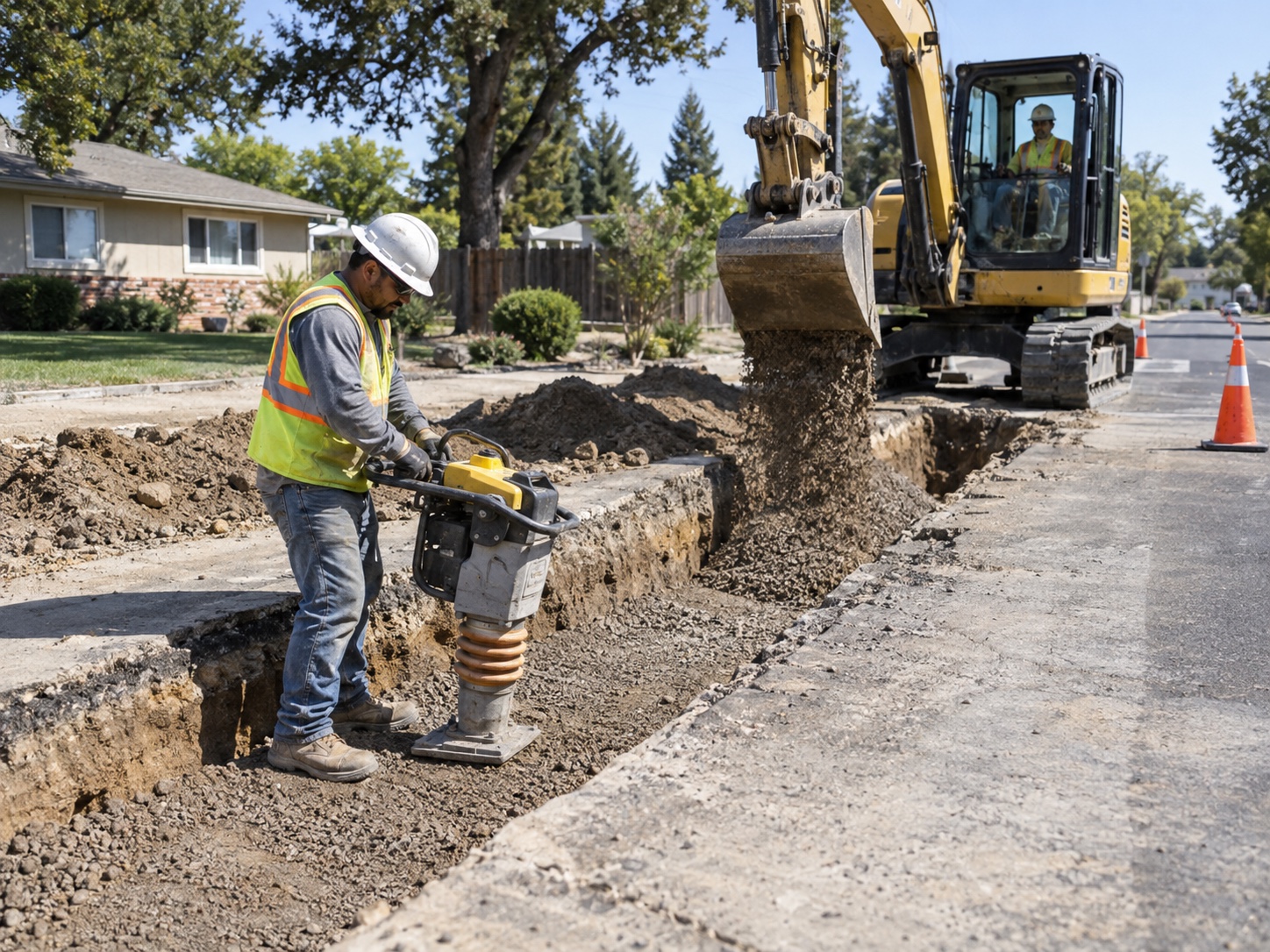 Excavator and crew placing and compacting trench backfill near a Sacramento-area street