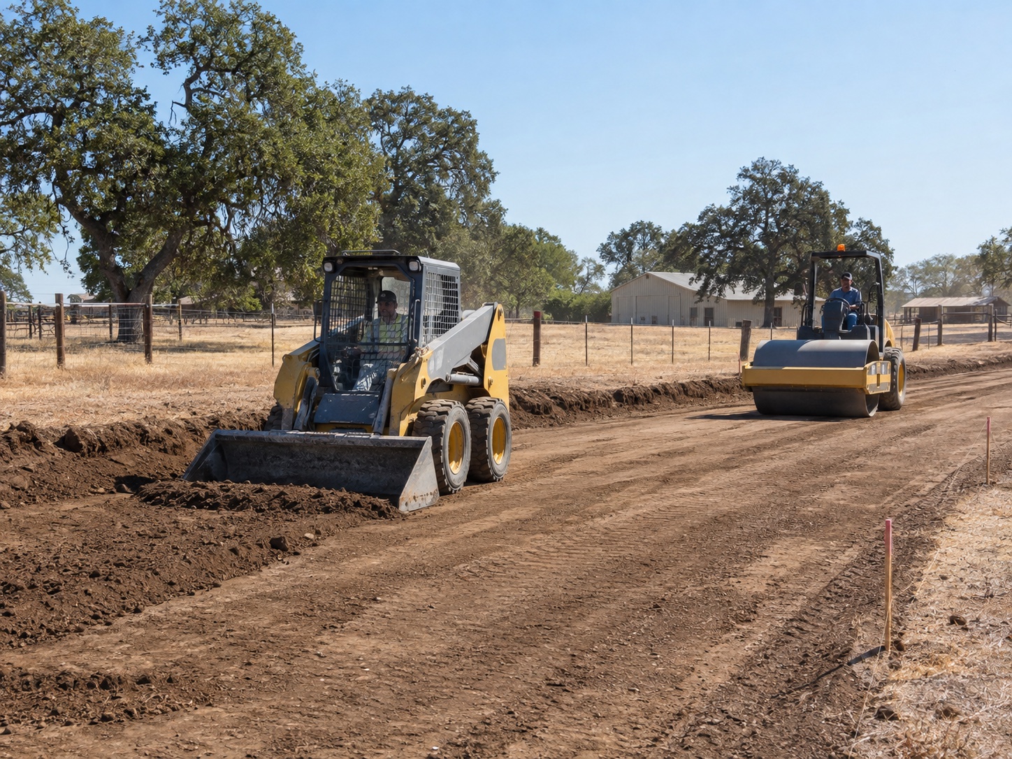 Skid steer and roller preparing compacted subgrade for a Sacramento Valley ranch access road